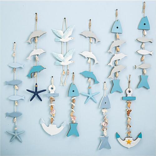 Nautical Wooden Fish String Pendant Natural Starfish Shell Anchor Dolphin Fingerling String Wood Combination Home Beach Decor