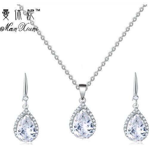 Manxiuni Water Drop Cubic Zirconia Wedding Jewelry Sets inlay Luxury Crystal Bridal necklace Earrings Set Gifts For Bridesmaids