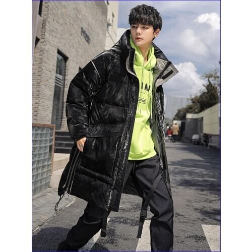 New Youth Handsome Glossy Trendy Down Jacket Mens Long Type Thickened Parka Coat 90%White Duck Down Clothes