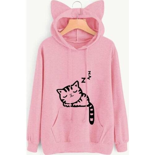 New Women Hoodies Sweatshirt Kawaii Pink Winter Cat Pattern Long Sleeve Hooded Sweatshirts Harajuku