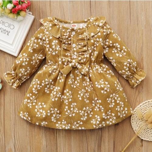 Baby Girls Spring Autumn Dress Girls Corduroy Floral Ruffled Round-Neck Long Sleeve Buttons Dresses for Baby 0-24 Months