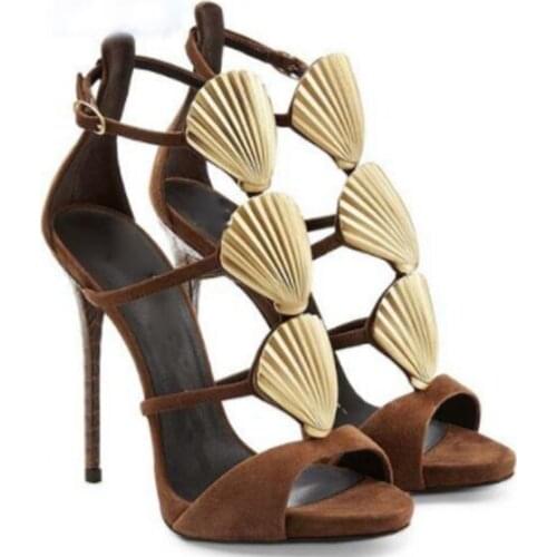 Drop Shipping Woman Chocolate Suede Golden Shells Cover Heel Sandal Female Ankle Strap Thin Heels Gladiator Cut Out Sandals
