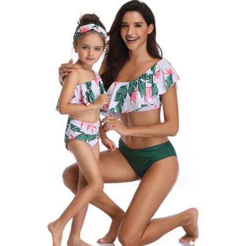 Family swimsuit mother daughter matching swimwear family look off shoulder ruffle bikini mommy and me swimsuit swimming bathing