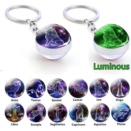 Glow In The Dark 12 Constellation Keychain Double Side Glass Ball Keyring Keyfob Luminous Zodiac Jewelry Pendant