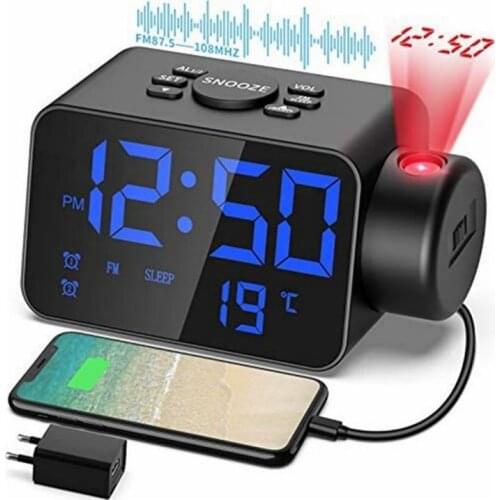 T8 LED Digital Alarm Clock Watch Projector FM Radio Mirror Table Electronic Clocks Snooze Function 2 Alarm Temperature Display