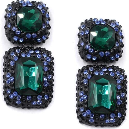 Vintage Rectangle Blue Green Red Black Purple Clear Faceted Glass Pave Crystal Pendant Charm Studs Top Dangle Earrings For Women