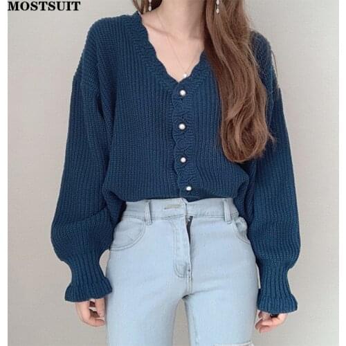 Cardigan Tops Sweaters Woman Fall 2021 Korean Vintage Hollow Out Long Puff Sleeve Knitted Jackets Button Up V Neck Coat