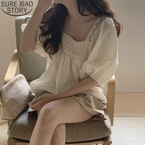 Sweet Square Collar Backless Casual Blouse Hook Flower Hollow Korean Puff Sleeve Women Shirt Vintage Women Tops and Blouse 14321