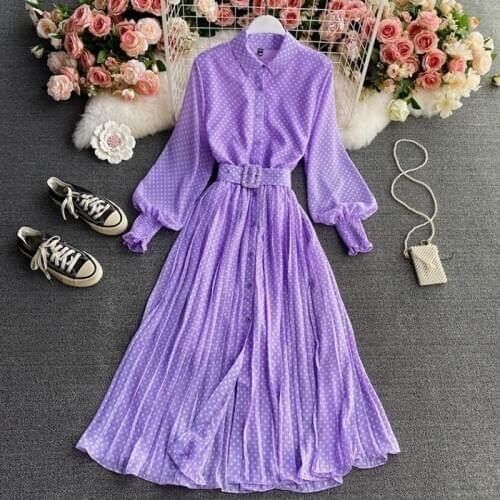 Women Polka Dot Print Shirt Collar Chiffon Dress 2021 Spring Long Sleeve Vintage Patrty Vestidos With Belt Elegant Long Dress