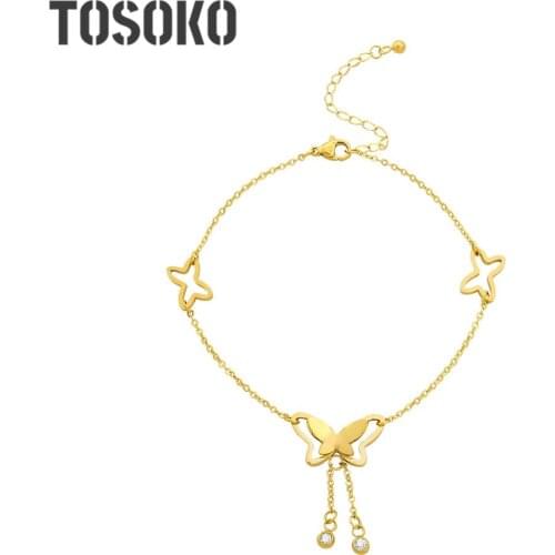 TOSOKO Stainless Steel Jewelry Butterfly Three-Dimensional Hollow Inlaid Zircon Anklet Womens Fashion Anklet BSS032