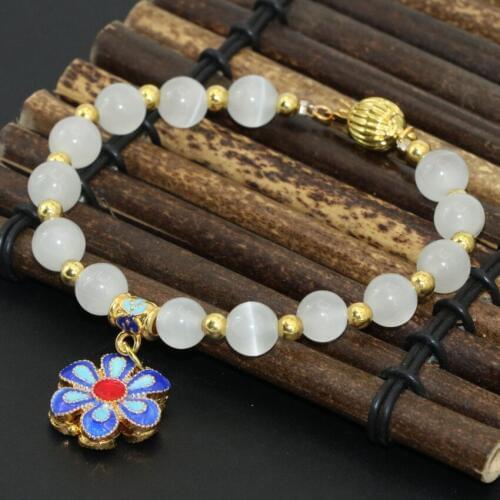Classical design fashion 8mm white cat eyes unique gold-color flower cloisonne bracelets for women fine jewelry 7.5inch B2736