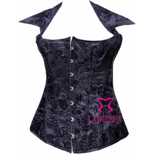 WomenGothic Sexy Embroidery Halter Bustiers&Corsets Black Dobby Lacing Up Boned Overbust Corset Top Corselets Intimates Lingerie