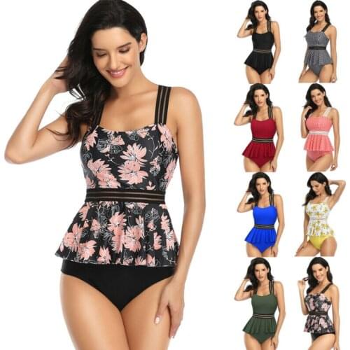 Womens Padded Tankini Push-up Swimsuit Bathing Plaid Floral 2Pcs Split Swimsuit Ribbon Skirt Beach Swimwear