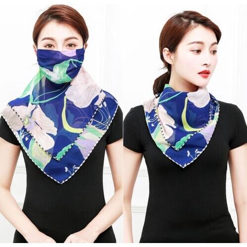 Women Floral Print Sun Protection Breathable Chiffon Neck Scarf Face Mask-Veil masque reutilisable femme Bandana Headwear