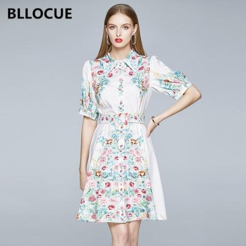 BLLOCUE Fashion Designer Flower Print Shirt Dress Women Short Sleeve Single-Breasted Mini Dress Female Sashes Party Dress