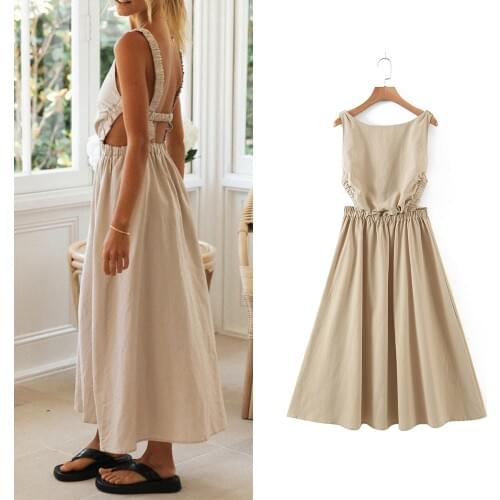 Womens Dress Za Fashion 2021 Cotton Beige Elastic Long Dress Female Long Sleeve Tank Backless Sexy Dress Summer Mujer Vestidos