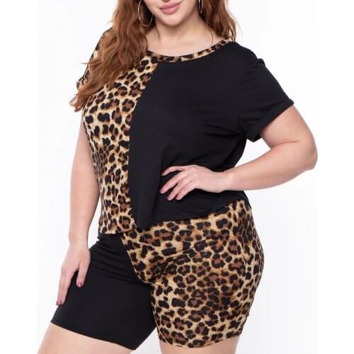 5XL Leopard Print Tracksuit Women Short Sleeve T-Shirts And Pants Plus Size Causal Two Piece Set Contrast Colour Loungewear D25