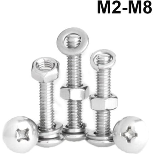 304 Stainless Steel Large Flat Round Cross Recessed Bolts With Washer Nut Combination Screws M2-M8