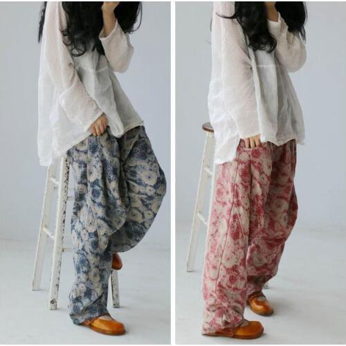 2020 Spring Summer New Original Casual Elastic Waist Chinese Style Cross pants Wide Leg Hip Hop Loose Linen Pants Women Trousers