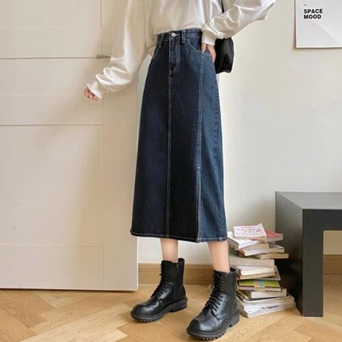 Denim spring split long skirt 2021 new high waist slim A-line skirt mid-length bag hip skirt