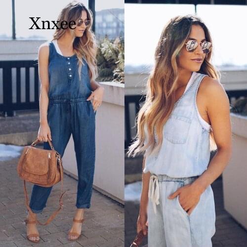 Denim Wash Overall For Summer Lady Women Fashion Cool Street Blue Plain Women Sleeveless Loose Jeans Jumpsuit Long Pants Rompers
