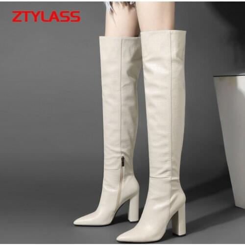 Stone Print Leather Women Boots Square High Heel Over The Knee Boots Zipper Pointed Toe Autumn Winter Long Boots Black Beige