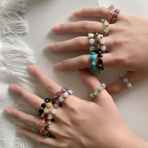 New Boho Round Natural Stone Wedding Rings for Women Girls Handmade Fashion Jewellery Geometric Tigereye Stainless Steel Ring