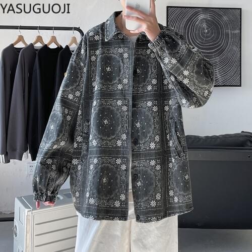 YASUGUOJI New 2021 Spring Fashion Printed Thin Mens Jean Jacket Streetwear Loose Black Denim Jacket Men Chaqueta Vaquera Mujer