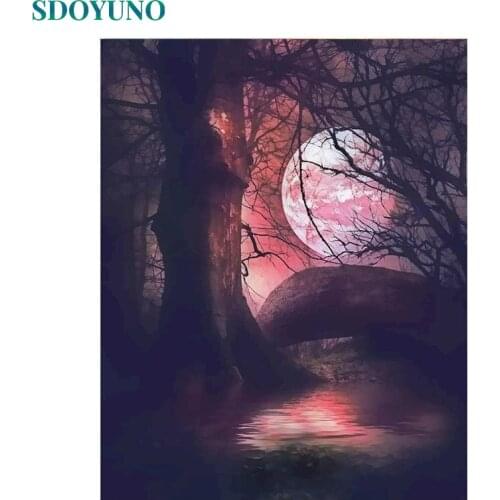 SDOYUNO 60x75cm Paint By Numbers Kits Scenery DIY Painting By Numbers On Canvas Red Moon Frameless Digital Hand Painting Wall Ar