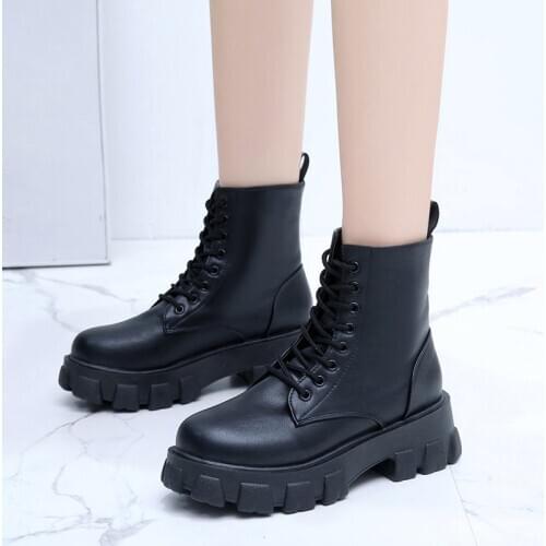 Solid Leather Platform Boots Lace Up Ankle Boots Women Shoes Woman Autumn Winter Boots Thick Bottom High Heels Chunky Sneakers