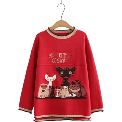 2021 Winter Women Christmas Sweaters Cartoon Cat Embroidery Knitted Pullover Sweater Sweet Style Long Sleeve O-neck Girls Jumper