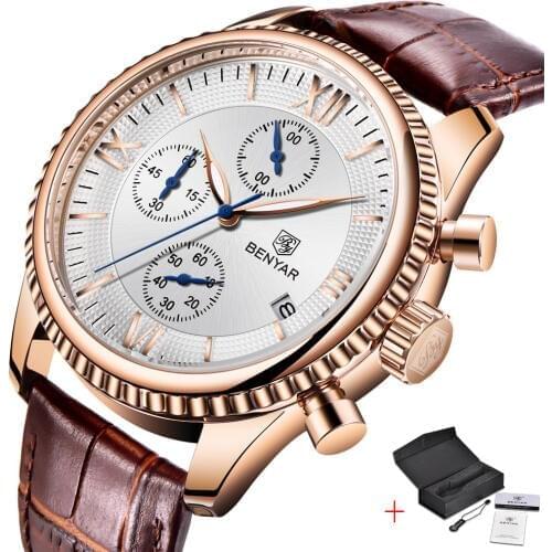Top Luxury BENYAR Mens Watches Sports Leather Gold Watch Military Waterproof Chronograph Calendar Clock Table Relogio Masculino