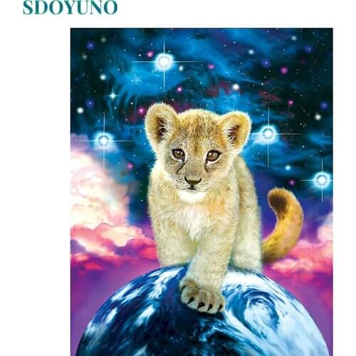 SDOYUNO 60x75cm Frame DIY Painting By Numbers Kits Lion on the planet Modern Home Wall Art Picture Paint By Numbers On Cavans