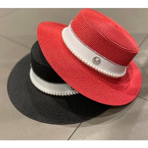 Womens Summer Sun Hats Flat Top Female Travel Big Wide Brim Hat Straw Hat Holiday Pearl Weaving Beach Sun Protection Custom Cap