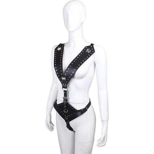 Sexy Women Metal Studded Faux Leather Buckled Body Harness Bondage Teddy Bodysuit Combat Fetish Cosplay Role Play Costume