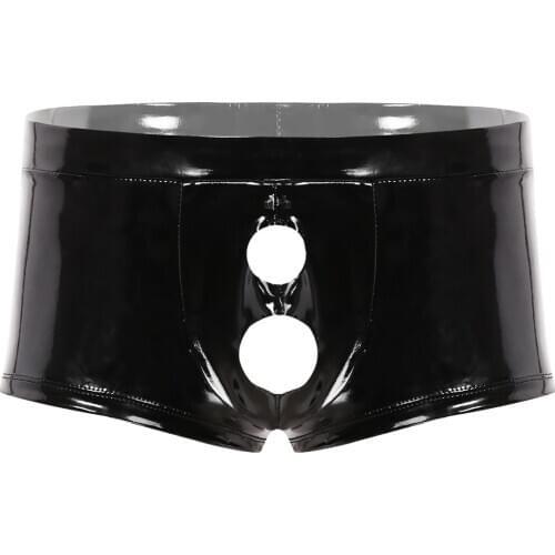 Men Wet Look Leather Boxer Underwear Erotic Patent Leather Sissy Panties with Penis Hole Sexy Slip Gay Jockstraps Boxer Shorts