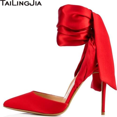 Elegant Pointed Toe High Heel Red Satin Pumps Black Dress Shoes for Women Ankle Wraps Slingbacks Evening Heels Summer Shoes 2021