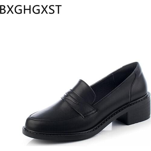 Lady shoes summer leather shoes women Comfortable block heel shoes vintage 2020 black high heels loafers zapatillas mujer casual