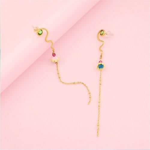 Japan and South Korea Fashion Simple Long Fringe Earrings Womens Personality Hand-painted Enamel Flower 925 Silver Stud Earring