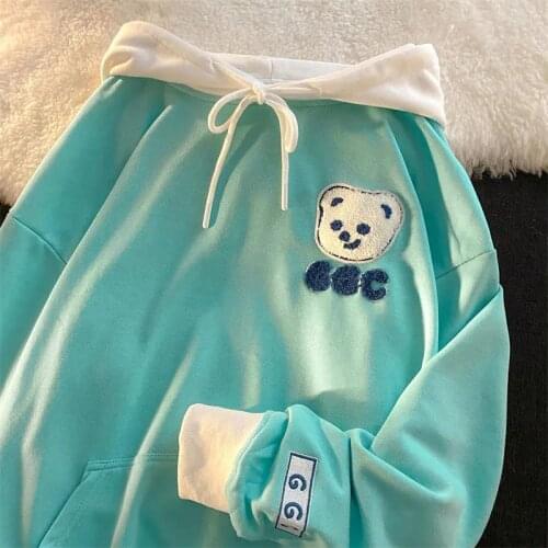 Chic Bear Head Embroidery Patchwork Hoodies Sweatshirt Women Hip Hop Streetwear 2021 Autumn New Long Sleeve Tops Fashion Teens