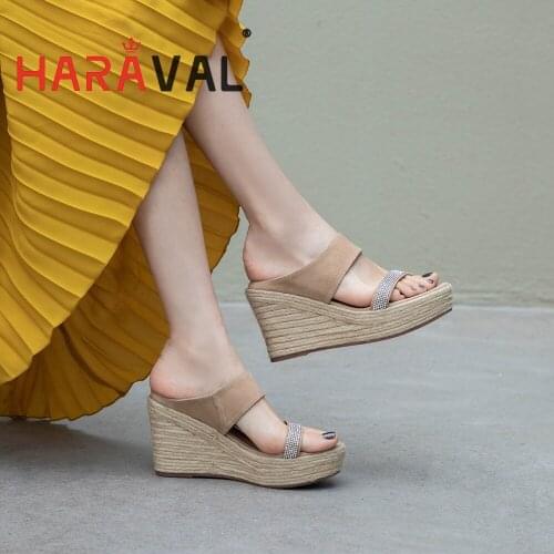 HARAVAL Women Slides Summer Wedges Platform Office Lady Brown Elegant Shoes High Heels Female Footwear Fashion Women ShoesB330