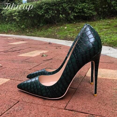 Tikicup Dark Green Women Crocodile Effect Pattern Stiletto Pumps Sexy Wild Ladies Pointed Toe High Heel Party Dress Shoes