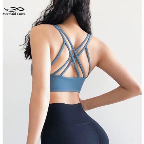 Mermaid Curve Sexy Back Multi-Shoulder Strap Cross Patchwork Yoga Bra Gathering Fitness Bra Top Push Up Women Sports Bra