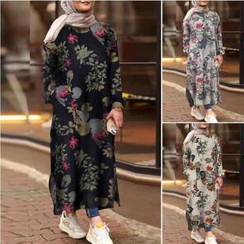Womens round neck long sleeves with printed slit cotton and linen series casual fashion long coat