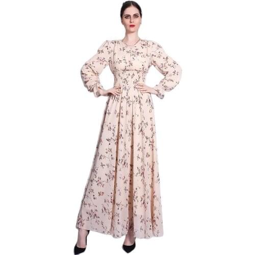 2021 Ramadan New Floral Chiffon Dress Elastic Waist A-Line Slim Muslim Female Long Skirt In Stock
