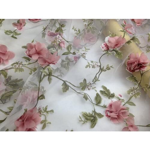 1 yards 3D Rosette Fabric Printed Organza Lace Fabric With 3D flowers