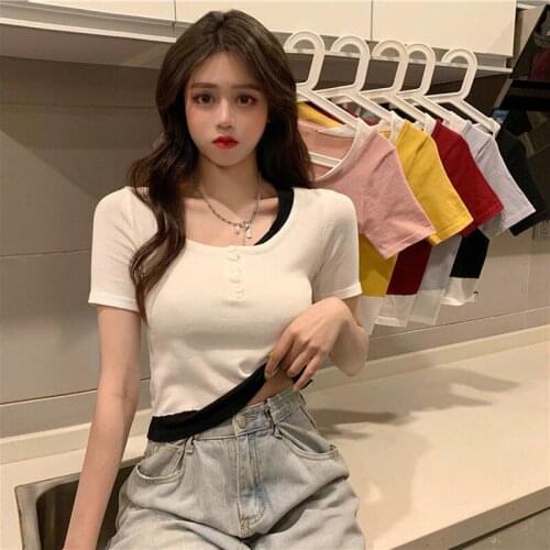2021 Summer Sexy Slim Short Fake two pieces T Shirts Women Clothes Black white pink Crop Tops Womens Casual Tshirt Haut Femme