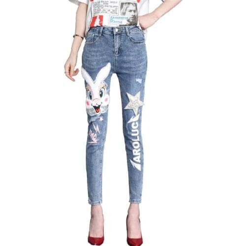2020 New Autumn Fashion Patch Cartoon Rabbit Hole Denim Pants Slim Women Long Trousers Ankle-length Female Pencil Jeans