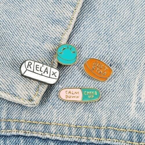 CHEER UP Energy Pill Enamel Pins Smile Relax Calm Down Medicine Doctor Nurse Brooch BackPack Shirt Lapel Pin Badge Jewelry Gift