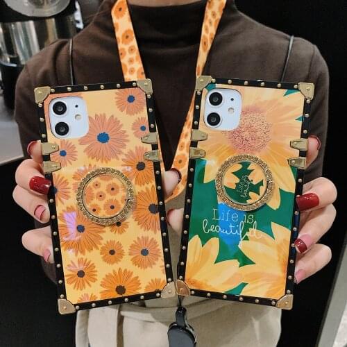 Case For Samsung A81 A91 A21 A01 A02 A71 A51 A31 M31 M30S A20S A10S A70 A50 A10 Cover Square Shiny Sunflower Stand Coque + Strap